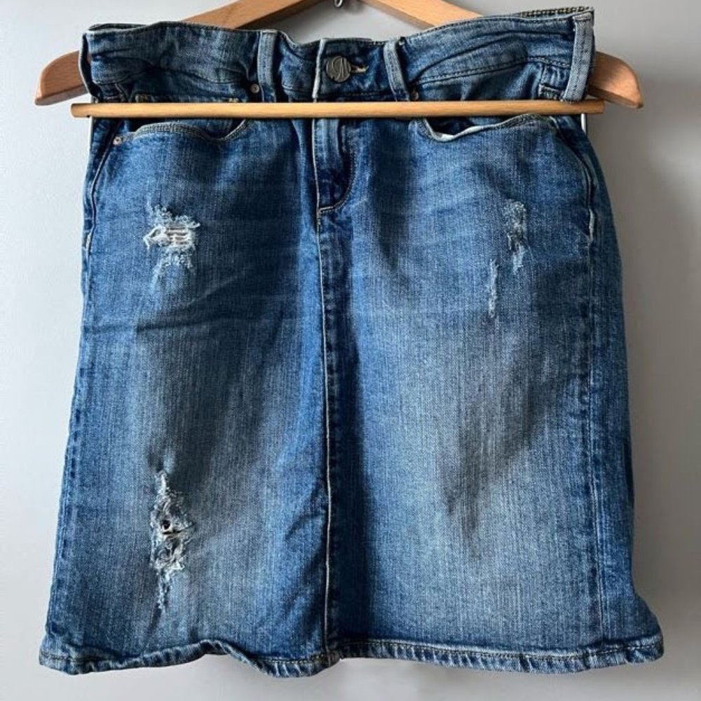 Mavi Jeans Distressed Denim Mini Skirt | High/Mid Rise | Evelyn Jean Medium Blue